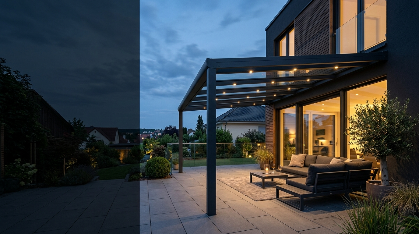 Moderne Aluminium-Terrassenüberdachung mit Glasdach und LED-Beleuchtung am Abend